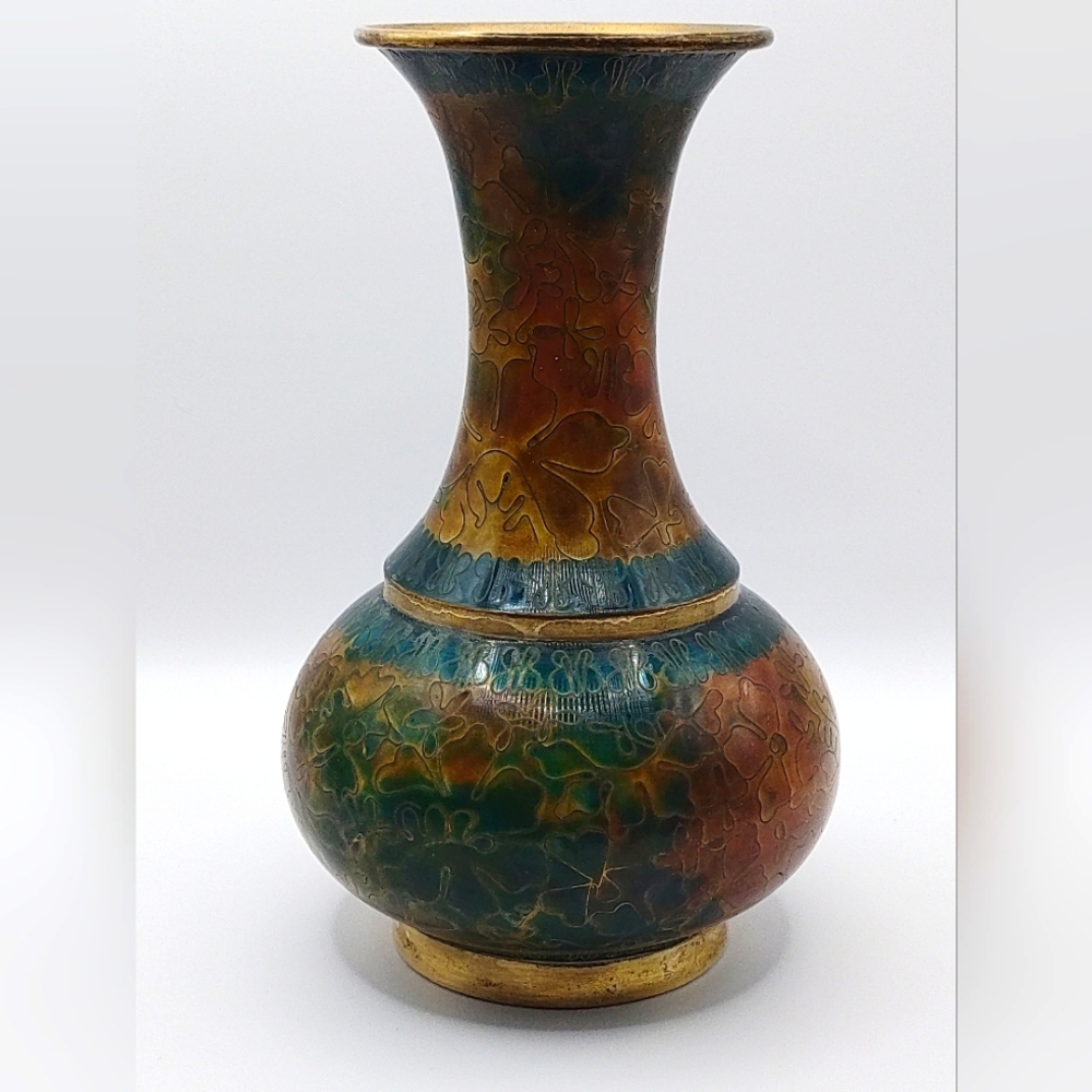 Vintage Brass And Enamel Cloisonne Vase